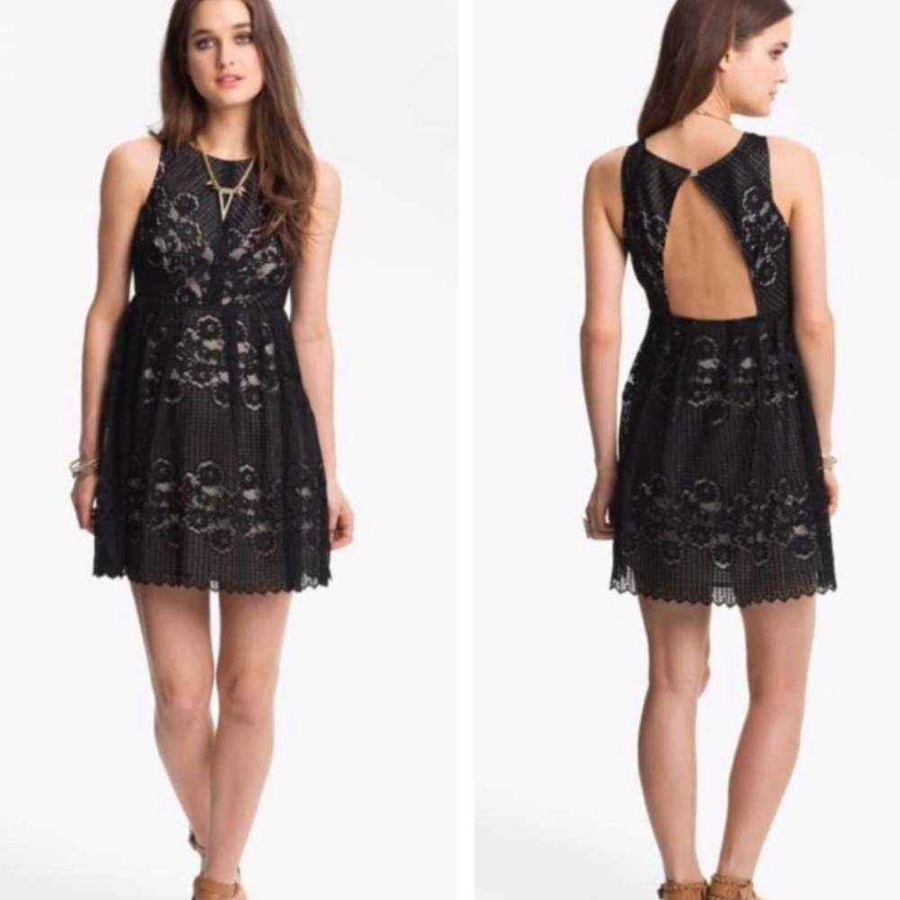 Free People Rocco Black Lace Open Back Mini Dress Size 6 (medium)